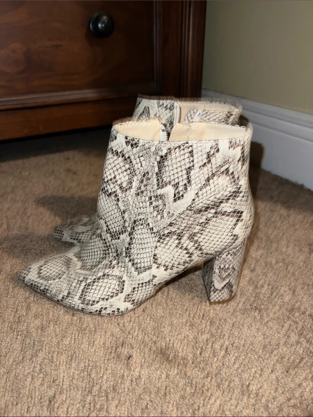 Qupid Snake-Print Pointed Ankle Boots in Cream and Brown